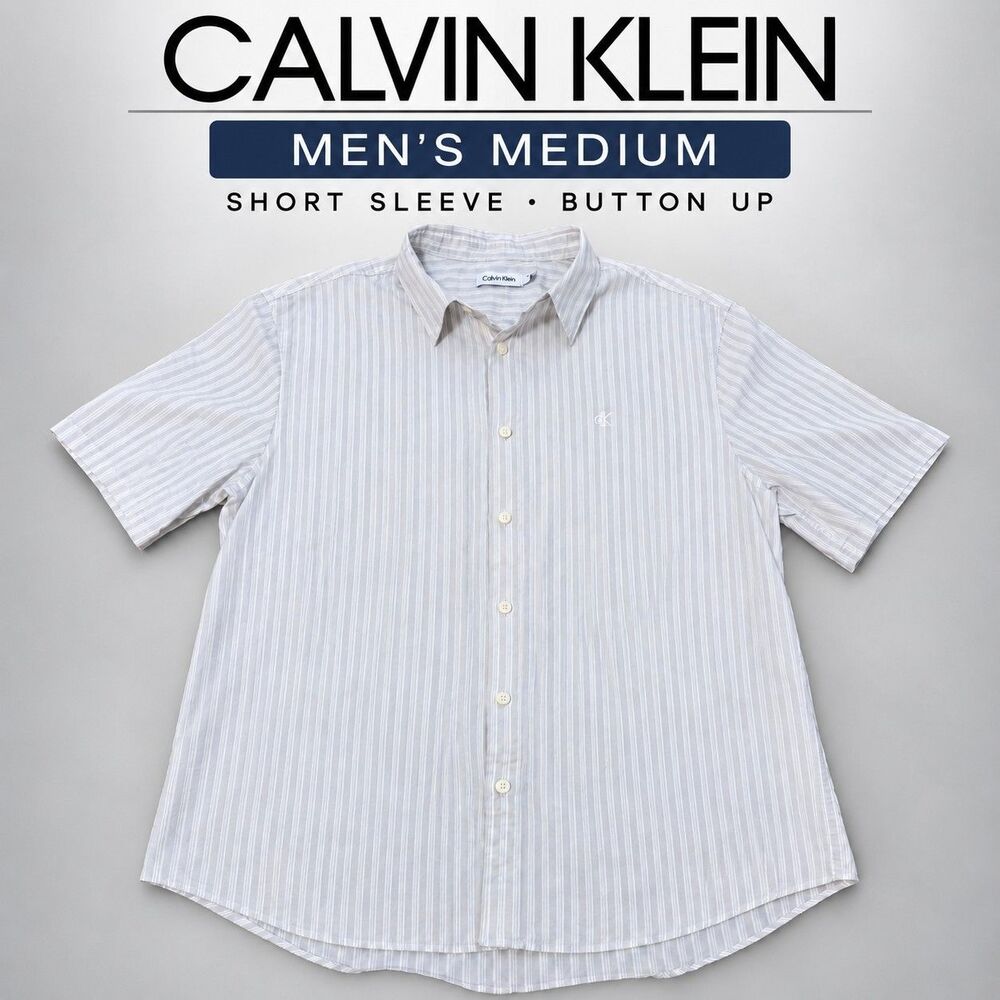 Calvin Klein Men's Medium Short Sleeve Button Up Shirt White Gray Striped